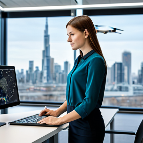 Home 4 A professional environmental engineer, male or female, in a modern, well-lit office, reviewing a holographic display showing complex environmental data visualizations. On the desk are a laptop, a tablet displaying GIS maps, and a small, sleek drone model. The background shows a blurred city skyline through large windows, with clean, futuristic design elements. Wearing a smart, professional business casual outfit, fully clothed, modest clothing, appropriate attire, professional dress. High-resolution professional photography, sharp focus, natural lighting, realistic rendering, perfect anatomy, correct proportions, natural pose, well-formed hands, proper finger count, natural body proportions, safe for work, appropriate content, fully clothed, professional, modest, family-friendly.