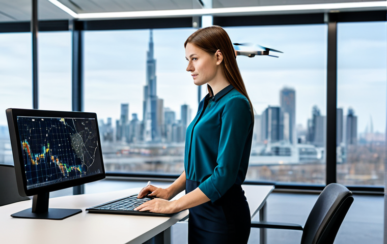 A professional environmental engineer, male or female, in a modern, well-lit office, reviewing a holographic display showing complex environmental data visualizations. On the desk are a laptop, a tablet displaying GIS maps, and a small, sleek drone model. The background shows a blurred city skyline through large windows, with clean, futuristic design elements. Wearing a smart, professional business casual outfit, fully clothed, modest clothing, appropriate attire, professional dress. High-resolution professional photography, sharp focus, natural lighting, realistic rendering, perfect anatomy, correct proportions, natural pose, well-formed hands, proper finger count, natural body proportions, safe for work, appropriate content, fully clothed, professional, modest, family-friendly.