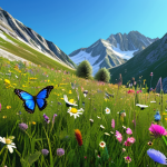 ** "Majestic butterflies fluttering in a vibrant mountain meadow, diverse wildflowers, clear blue sky, realistic rendering, safe for work, appropriate content, fully clothed."

**
