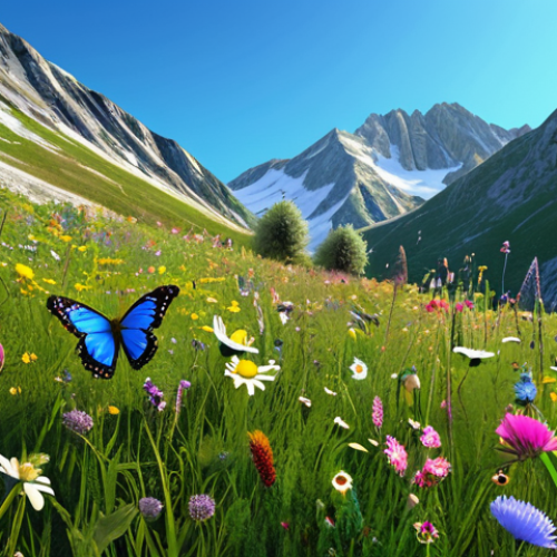Home 6 ** "Majestic butterflies fluttering in a vibrant mountain meadow, diverse wildflowers, clear blue sky, realistic rendering, safe for work, appropriate content, fully clothed."
**