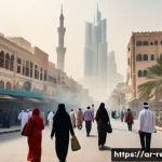 생태환경 관련 학술 발표 준비 - A detailed scene of a bustling Middle Eastern city with visible air pollution haze, showcasing peopl...