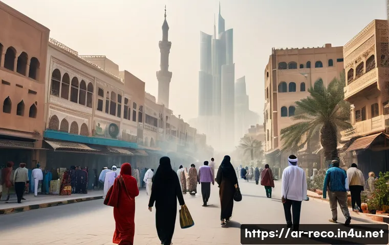 생태환경 관련 학술 발표 준비 - A detailed scene of a bustling Middle Eastern city with visible air pollution haze, showcasing peopl...