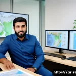생태환경 컨설턴트가 되는 법 - A professional Arab environmental consultant in a modern office setting, analyzing detailed environm...