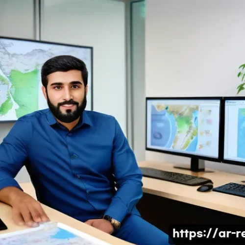생태환경 컨설턴트가 되는 법 - A professional Arab environmental consultant in a modern office setting, analyzing detailed environm...