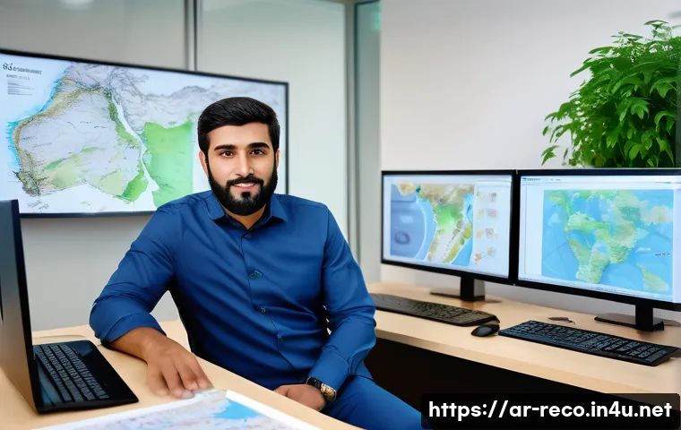 생태환경 컨설턴트가 되는 법 - A professional Arab environmental consultant in a modern office setting, analyzing detailed environm...