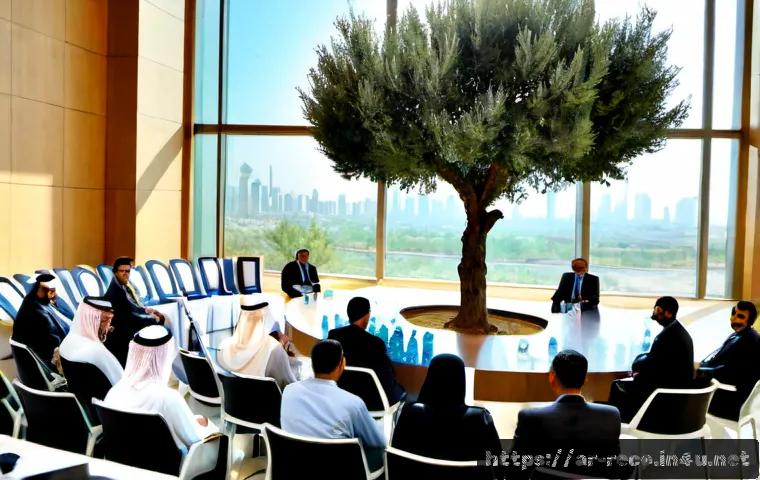 생태환경 컨퍼런스 참여 후기 - Photorealistic environmental conference in a modern Middle Eastern convention hall, Arab professiona...
