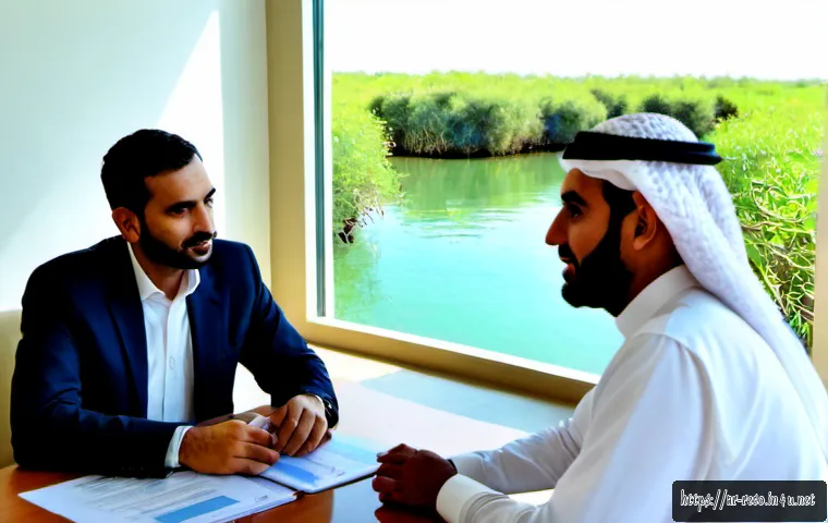 생태환경 법적 분쟁 해결 방법 - Photorealistic environmental mediation meeting in a modern Gulf Arab municipal office, an Arab legal...