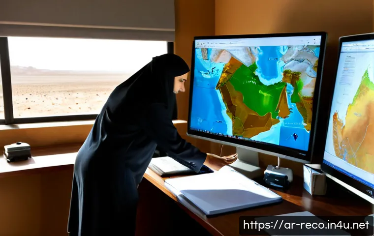 Home 17 생태환경 업무 중 필수 소프트웨어 - Photorealistic environmental scientist in modest professional attire working at a clean modern desk,...